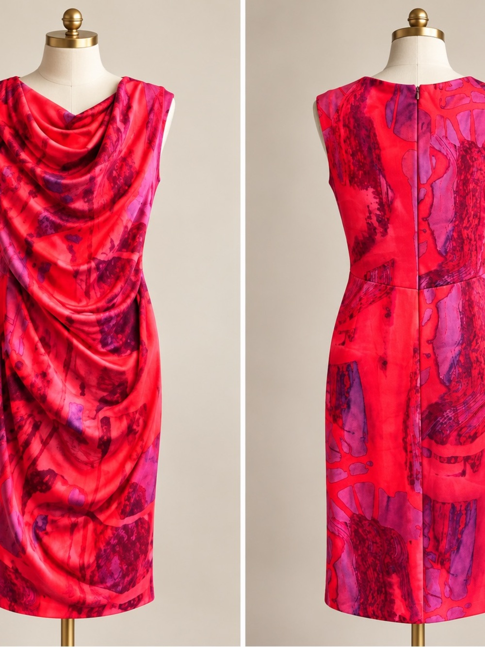 Rene Ruiz Red and Pink Cowl-Neck Sheath Dress